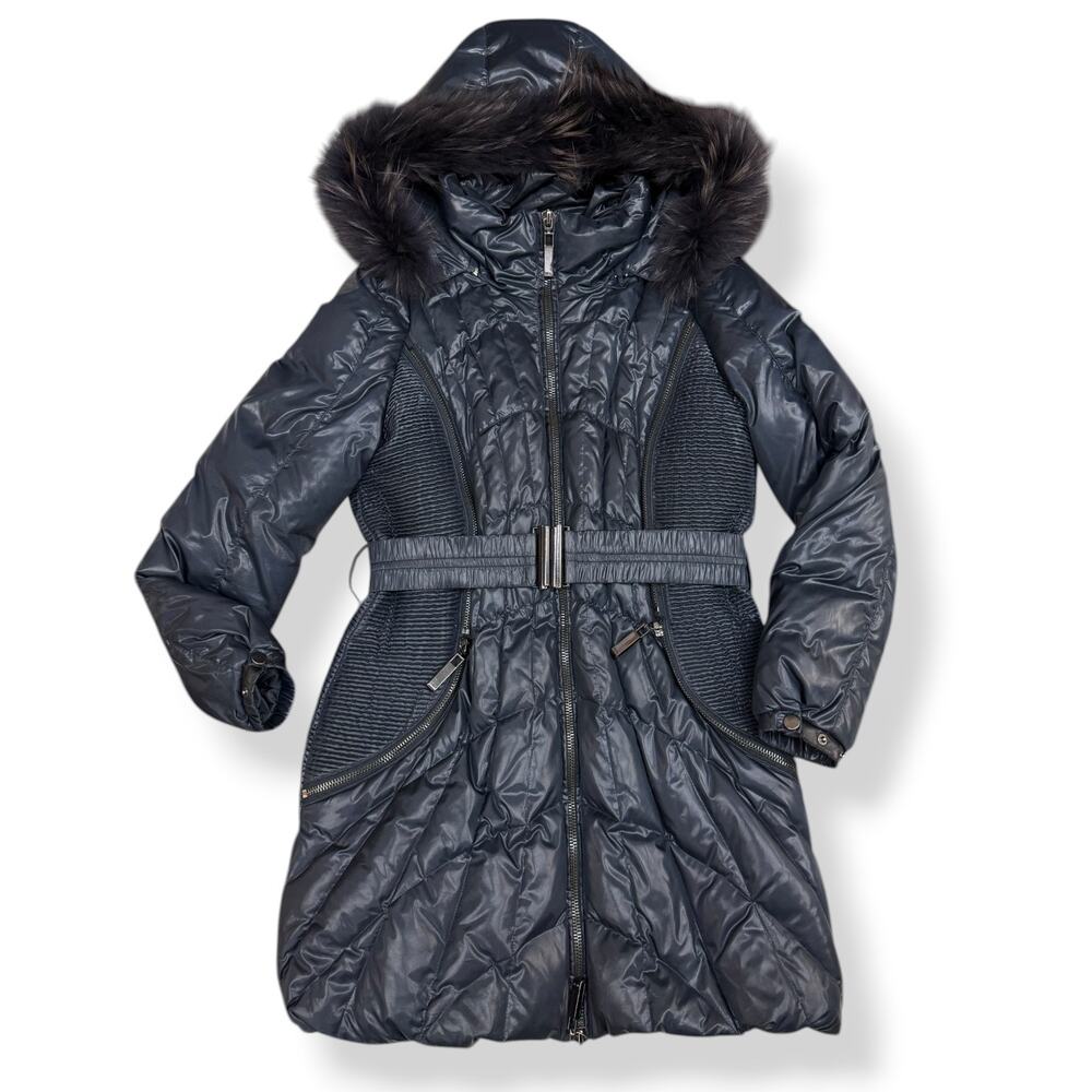 RIZAL navy down puffer coat raccoon fur trim hood - Made in France - Medium
